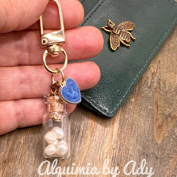 Pearls gold heart glass bottle key card holder chain keychain amulet for peace - Picture 2 of 4